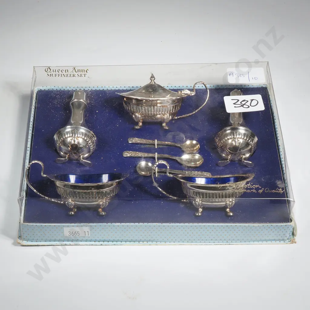 Silver Plate Queen Anne Cruet Set w Two Salts, Peppers & Mustard & Three Accompanying Spoons Image 1++