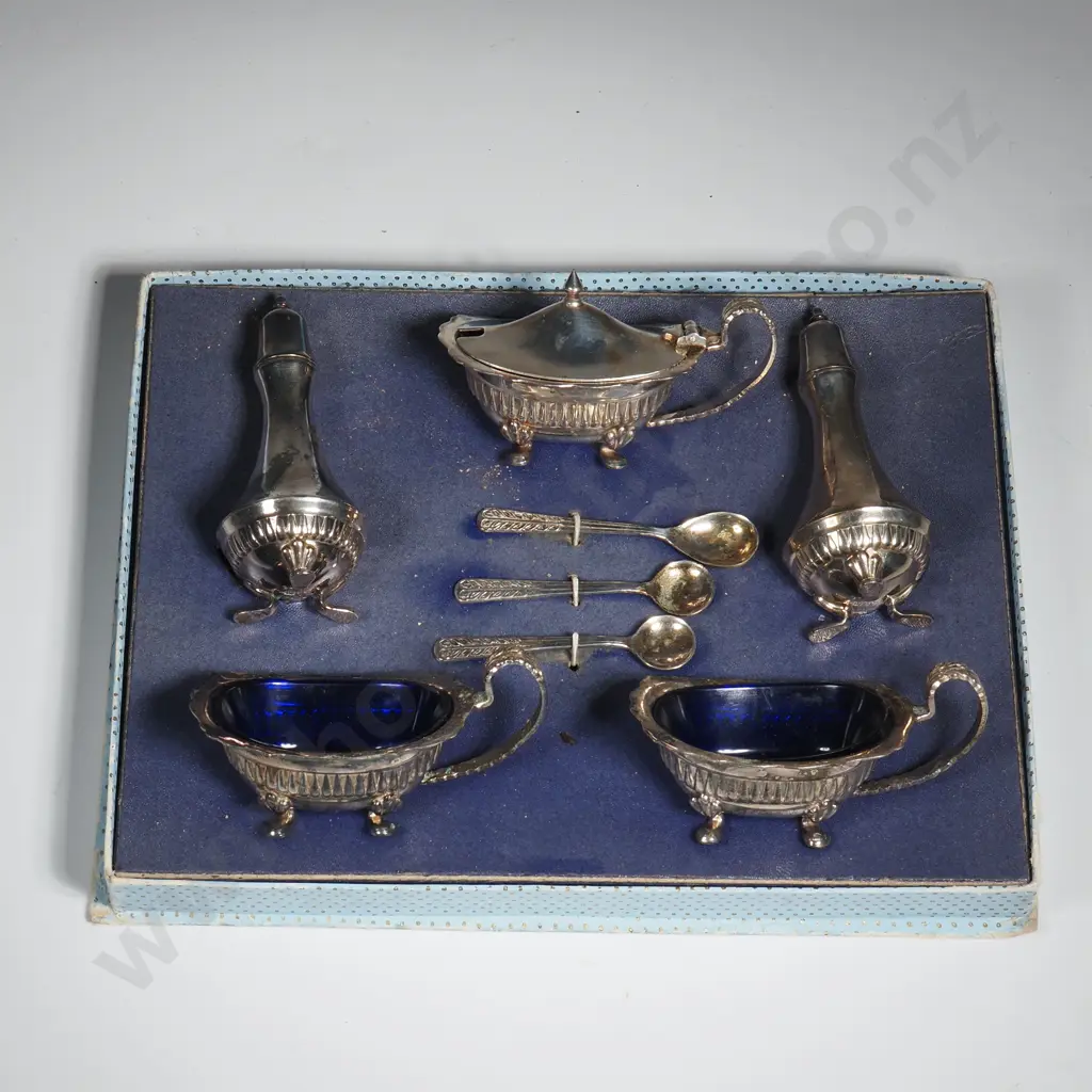 Silver Plate Queen Anne Cruet Set w Two Salts, Peppers & Mustard & Three Accompanying Spoons Image 1++