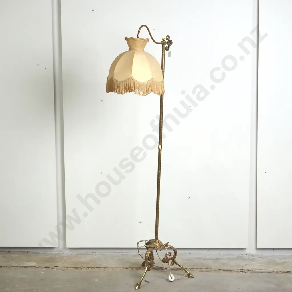 Edwardian Style Brass Standard Lamp w Beige/Cream Lampshade w Fringe Trim Image 1++