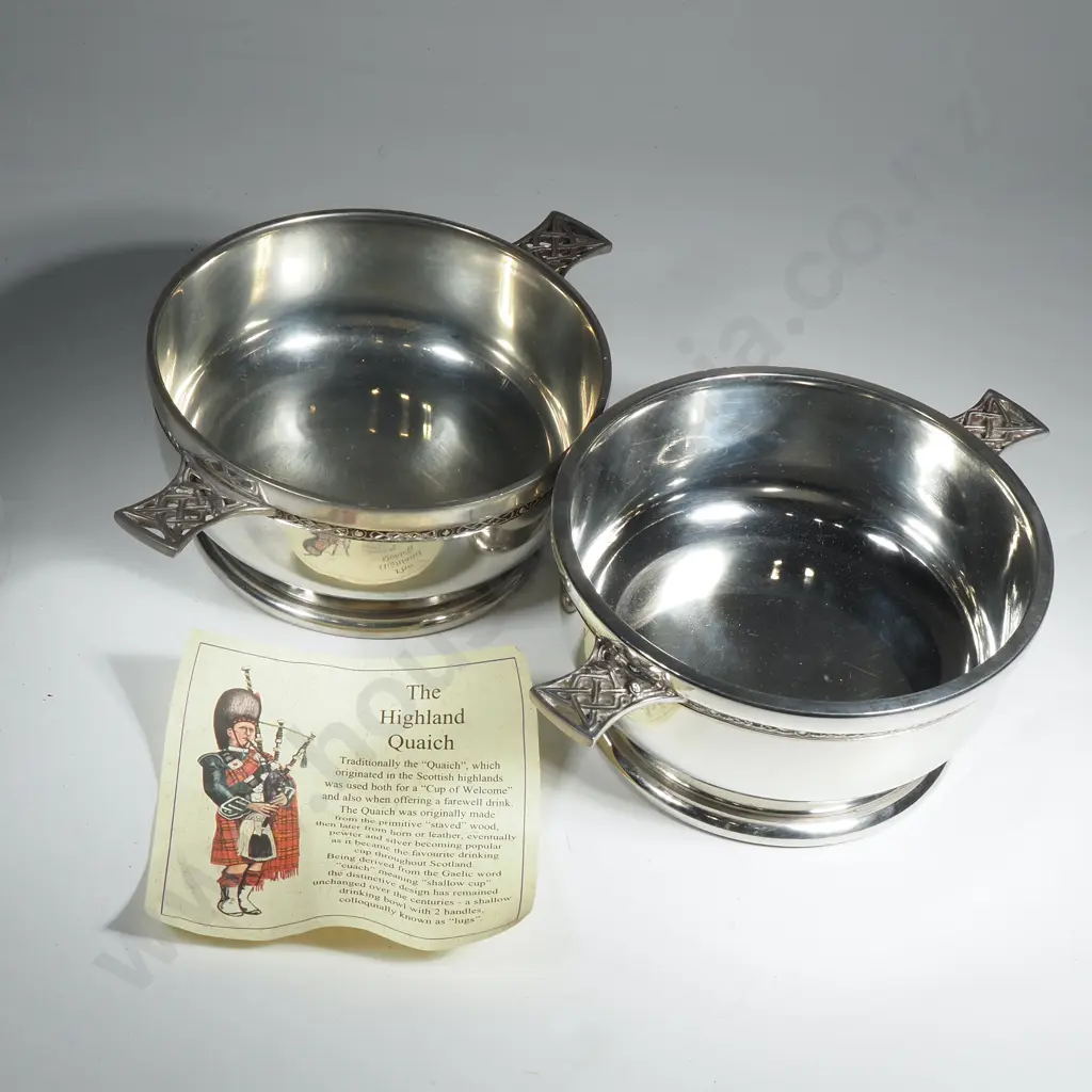 Two Silver Plate Quaiche w Celtic Ornamentation To Handles & Rim. One w A Presentation Inscription Image 1++