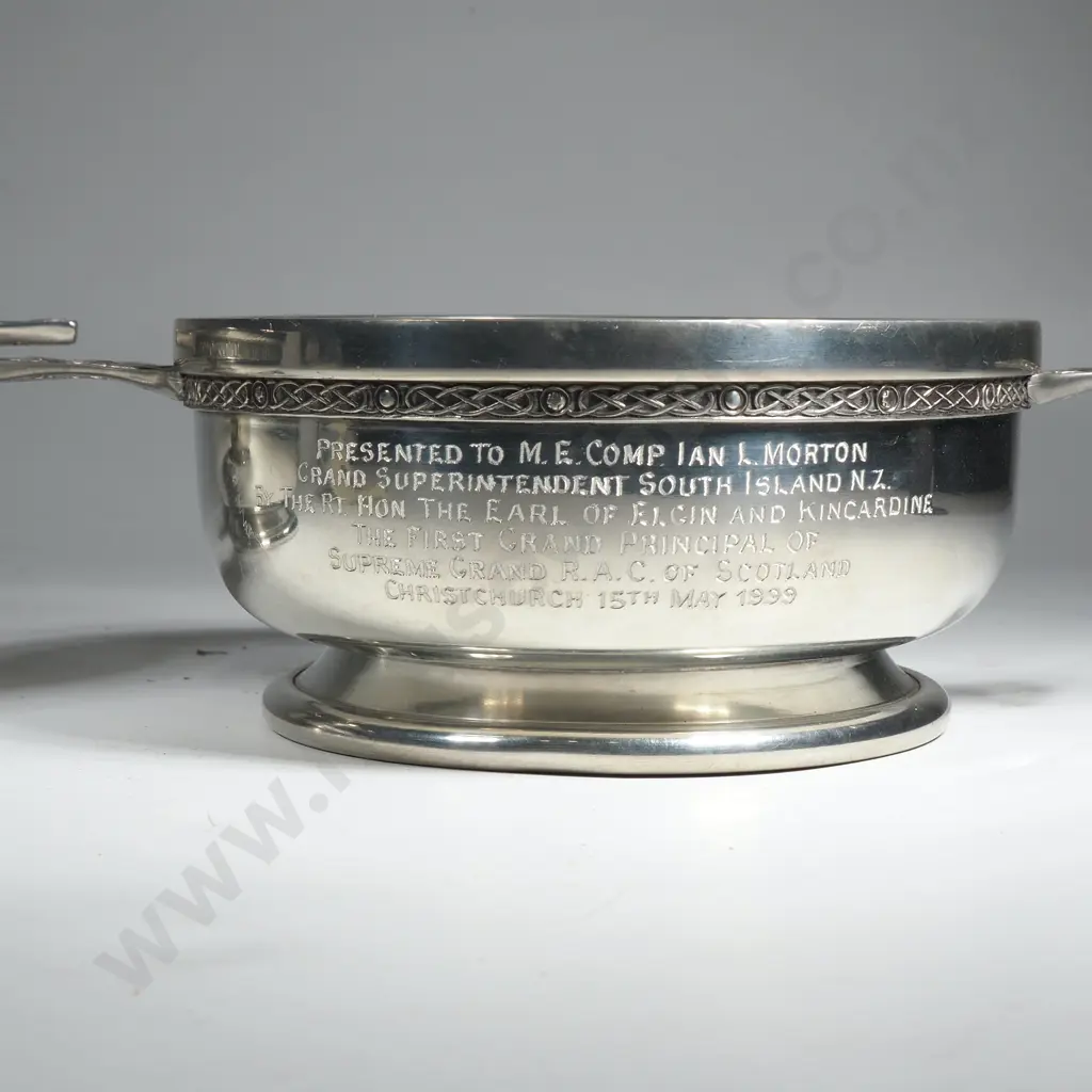 Two Silver Plate Quaiche w Celtic Ornamentation To Handles & Rim. One w A Presentation Inscription Image 1++