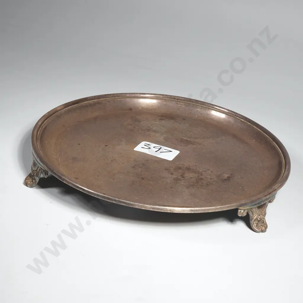 Vintage Salver On Three Scroll Feet w Engine Turned Decoration Image 1++