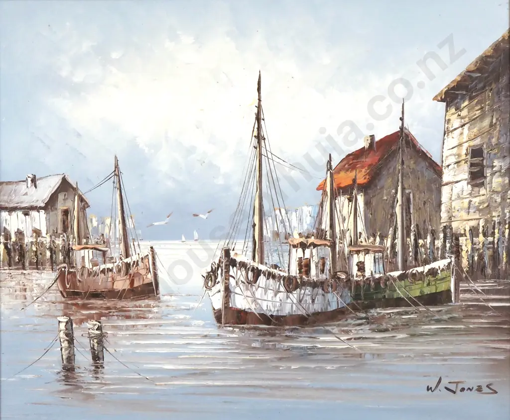 W Jones - Fishing Boats In A Village, Oil Image 1++