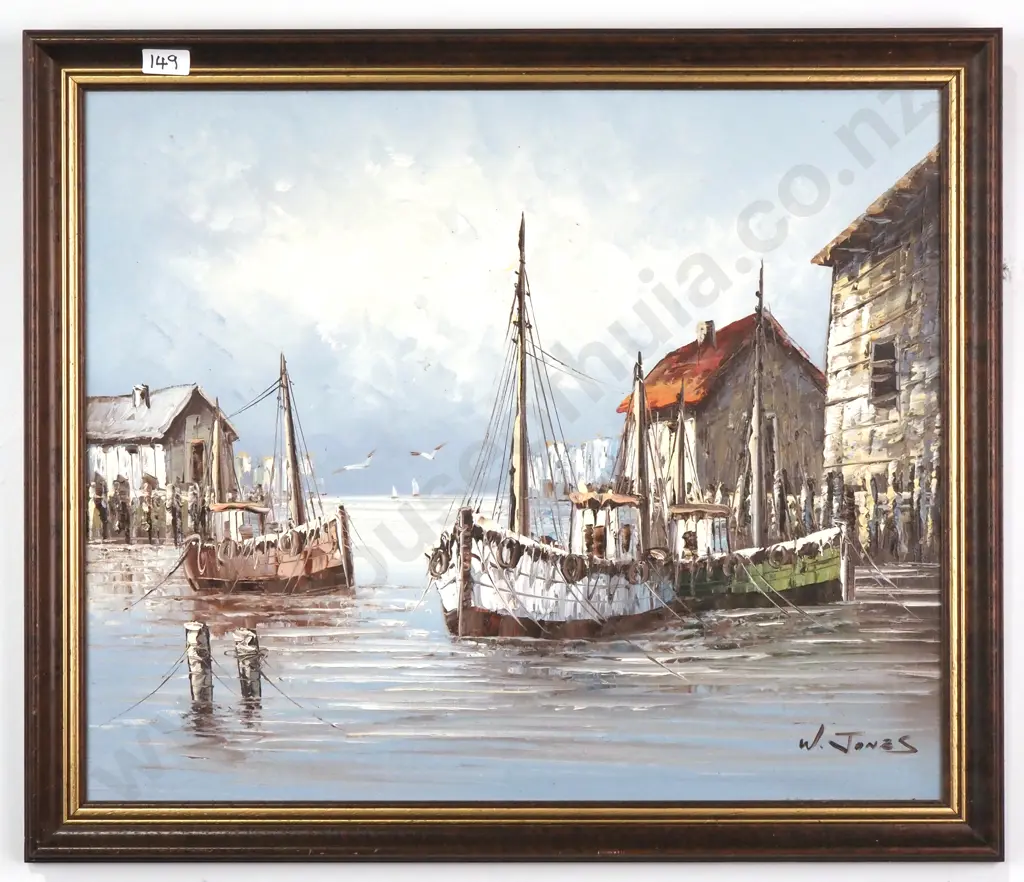 W Jones - Fishing Boats In A Village, Oil Image 1++