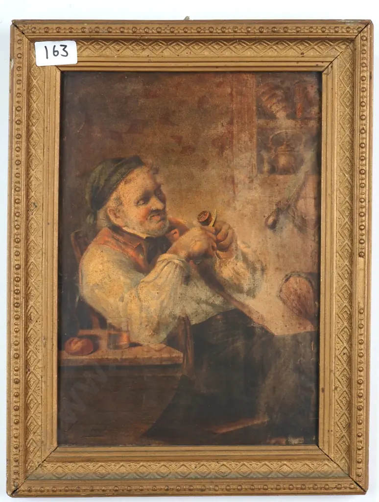 Early Print of an Old Man Cutting Tobacco – Presented in a Gilt Frame Image 1++