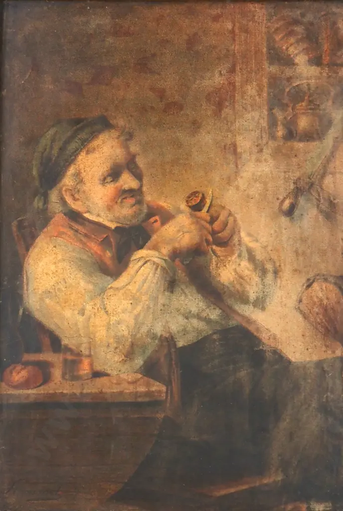 Early Print of an Old Man Cutting Tobacco – Presented in a Gilt Frame Image 1++