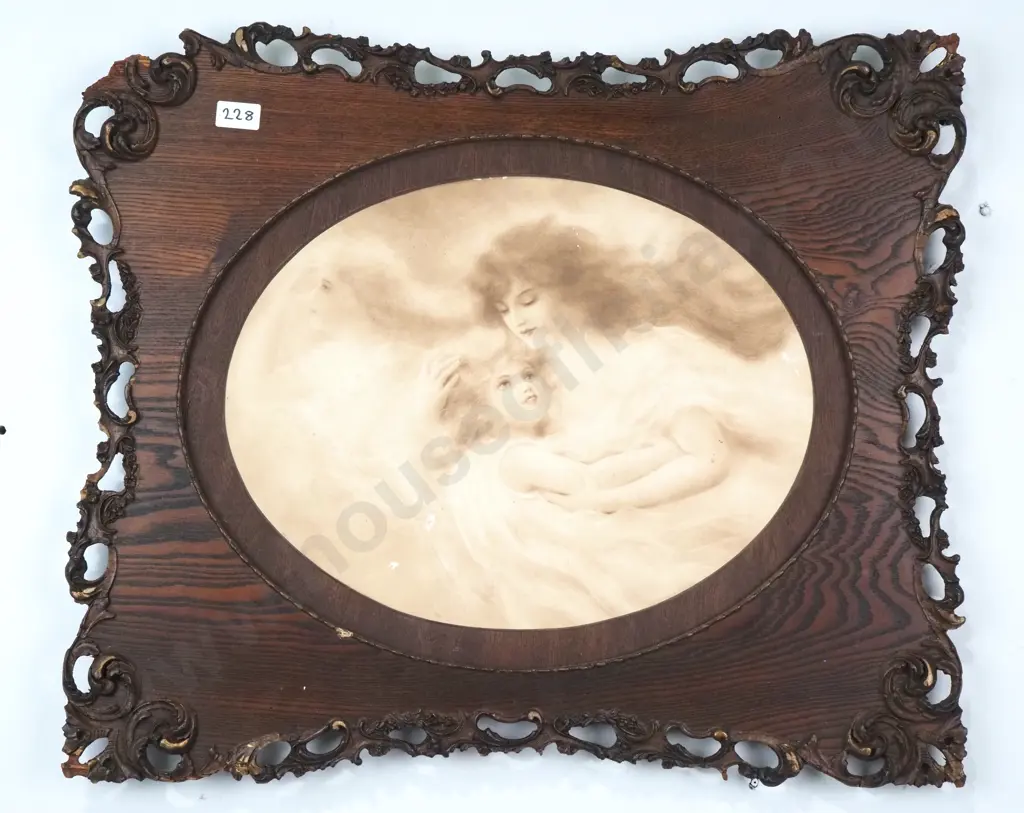 Artist Unknown - Mother & Child, Sepia Coloured Print in Ornate Oak Frame Image 1++