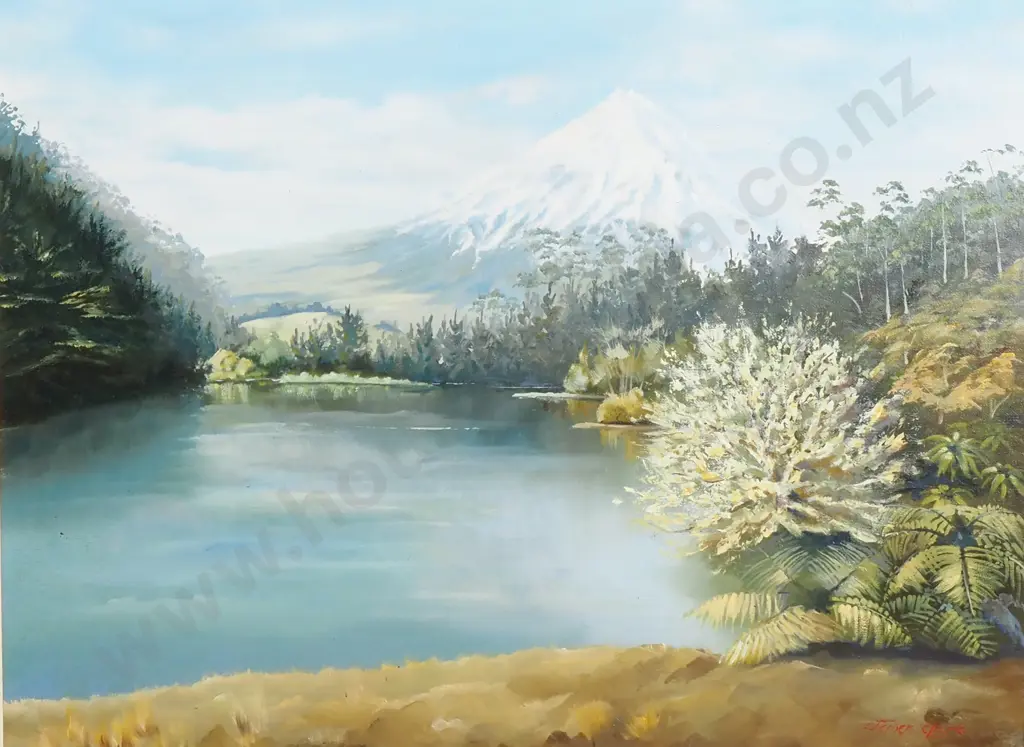 Stephen Clark - Mountain & Lake Scene, Oil on Board Image 1++