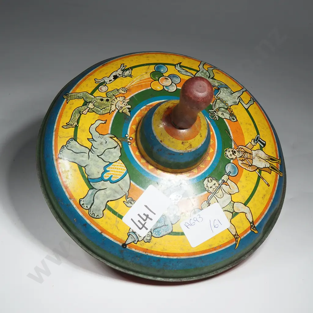 Vintage Tin Spinning Top w Circus Decoration Image 1++