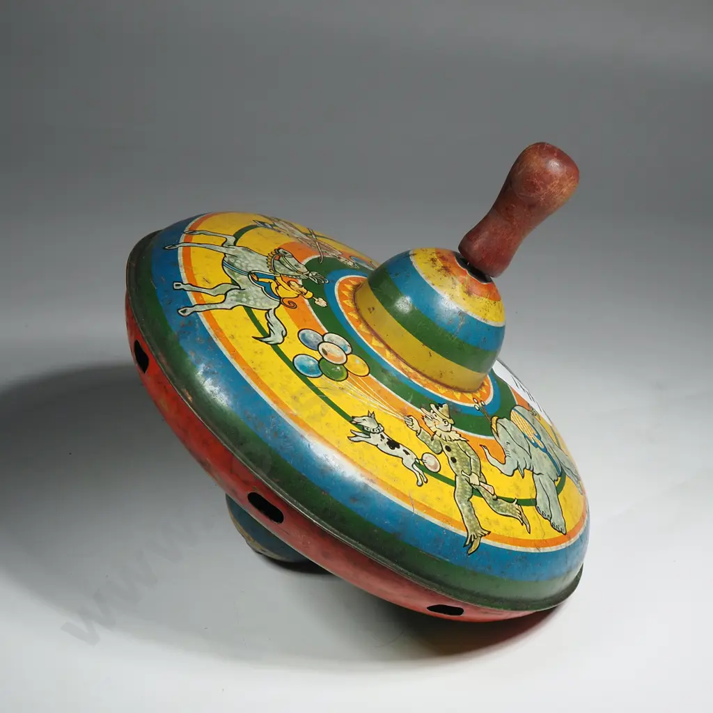 Vintage Tin Spinning Top w Circus Decoration Image 1++