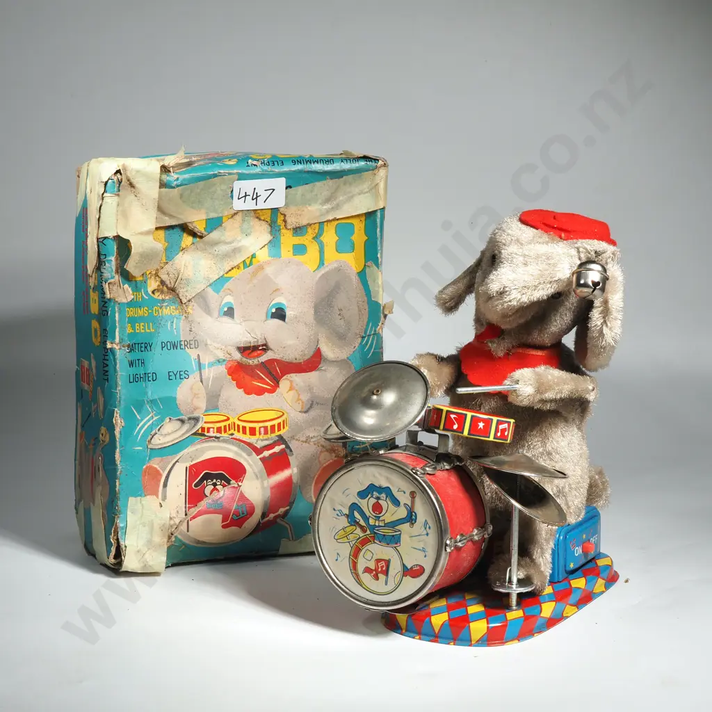 Vintage " Mambo The Jolly Drumming Elephant" Battery Operated Tin & Plush  Toy Produced By ALPS/Cragstan In The 1950s Image 1++