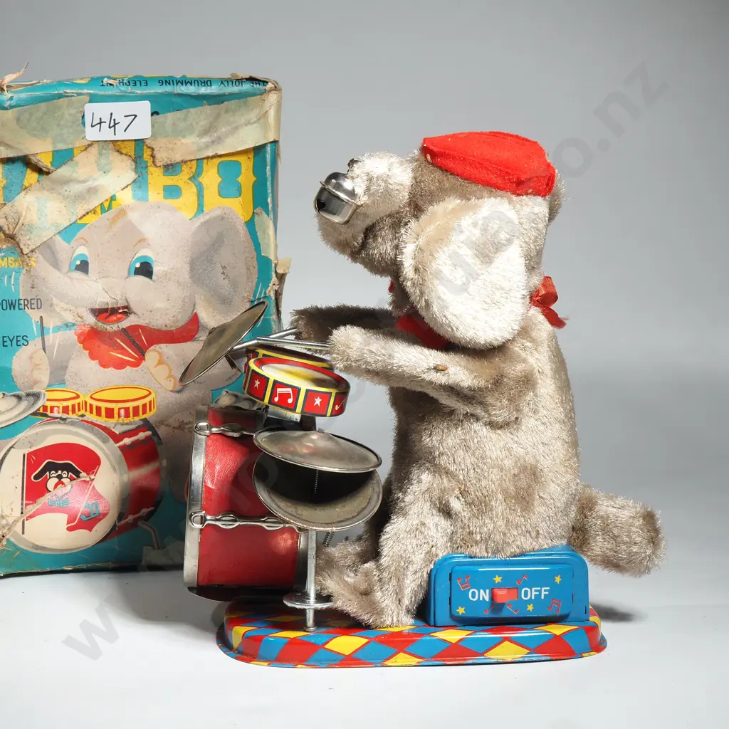 Vintage " Mambo The Jolly Drumming Elephant" Battery Operated Tin & Plush  Toy Produced By ALPS/Cragstan In The 1950s Image 1++