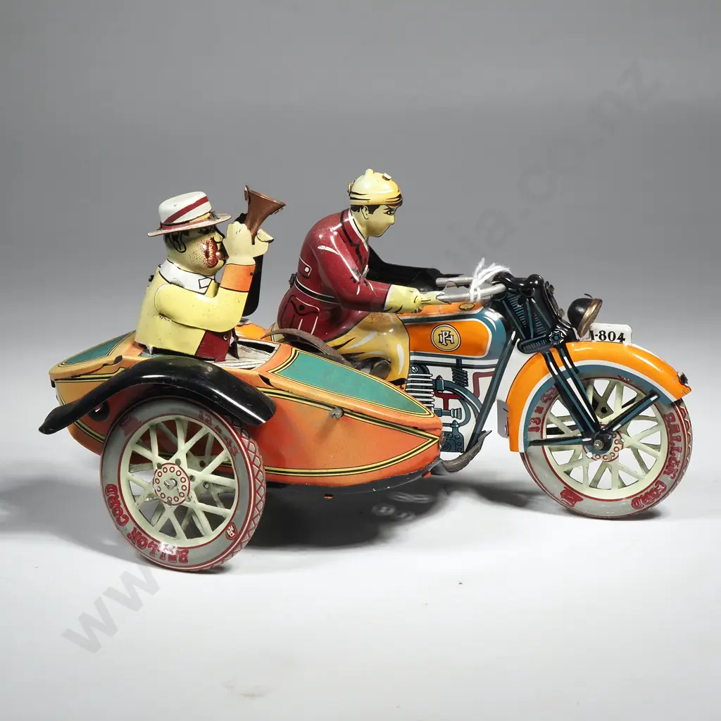 Mechanical Metal Motorbike w Sidecar Tin Toy Image 1++