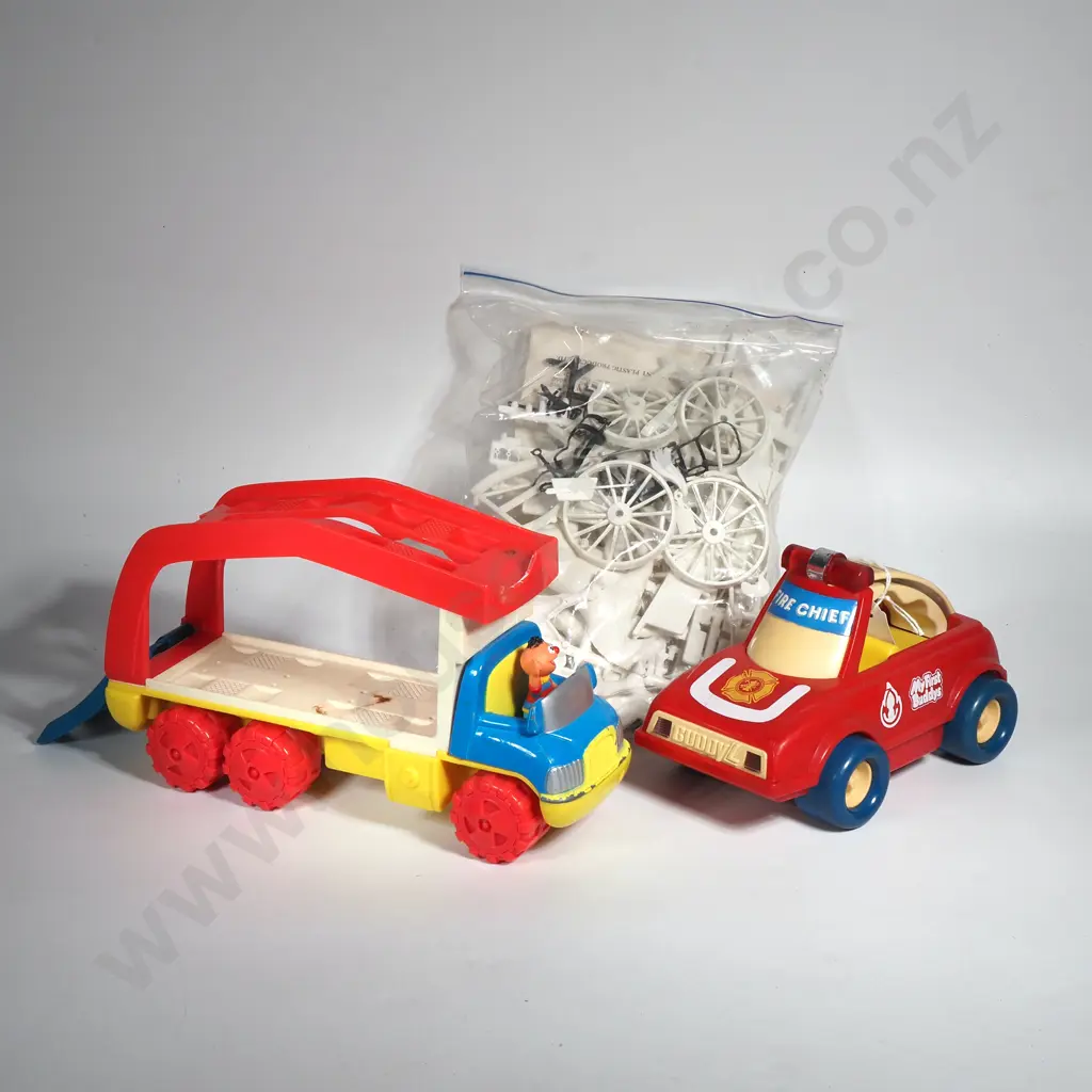 Vintage 1987 Buddy L “My First Buddys” Fire Chief Car With Push Handle & Tyco Sesame Street Car Carrier Image 1++