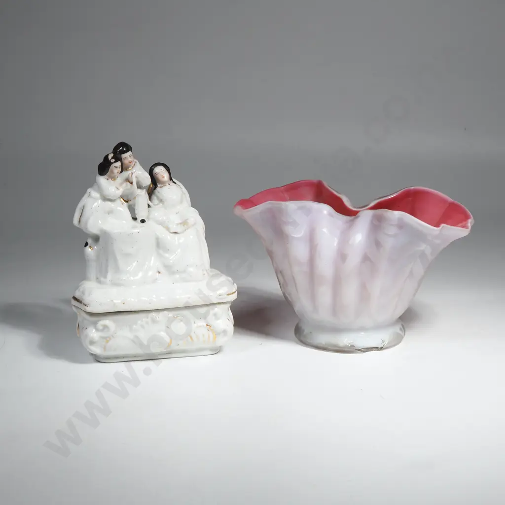 Small Victorian Fairing White Glazed Trinket Box w Family Group Atop & White Cased Pink Glass Vase Image 1++