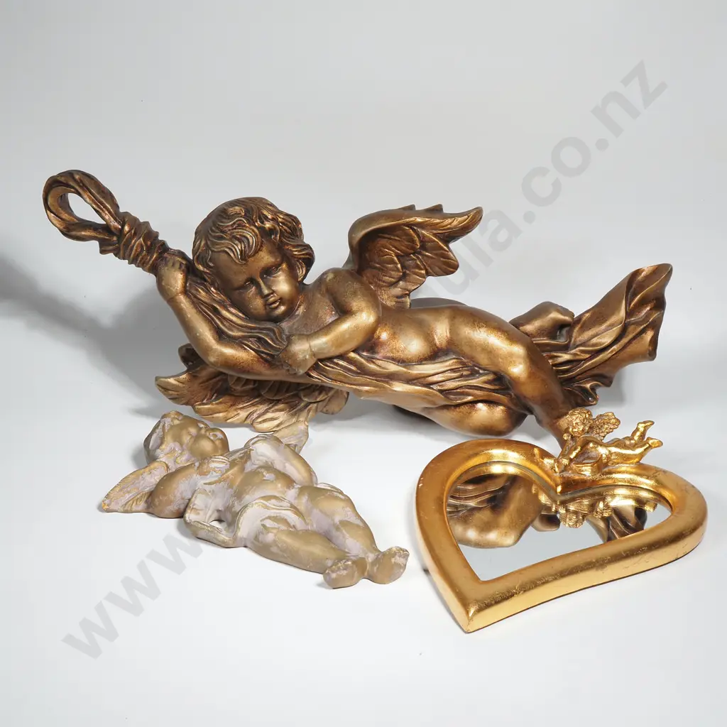 Two Cupid Wall Hung Gilt Cupid Figures & A Small Gilt Heart Shaped Mirror w Cupid Decoration Image 1++