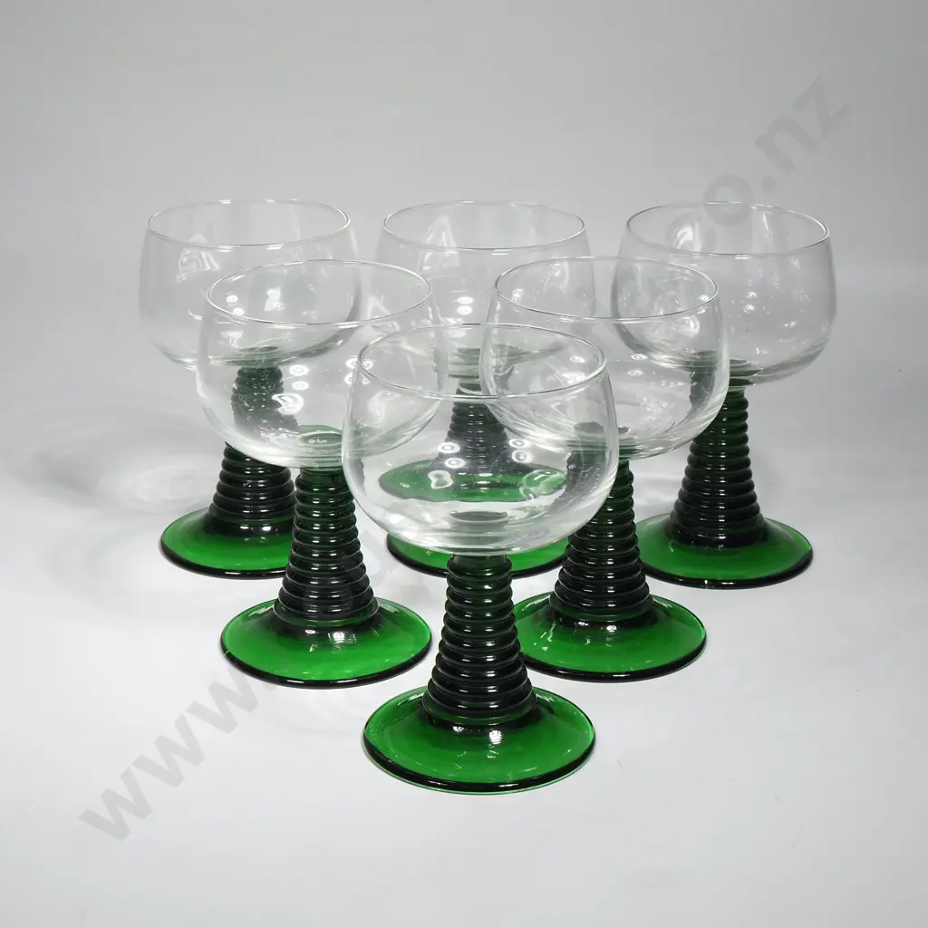 Vintage Set of Six Luminarc Roemer w Clear Bowl & Green Ribs Stems Image 1++
