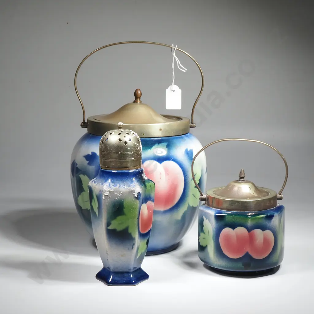 Art Deco Biscuit Barrel, Jam Dish & Icing Sugar Shaker  with Peach Design on Blue Ground Image 1++