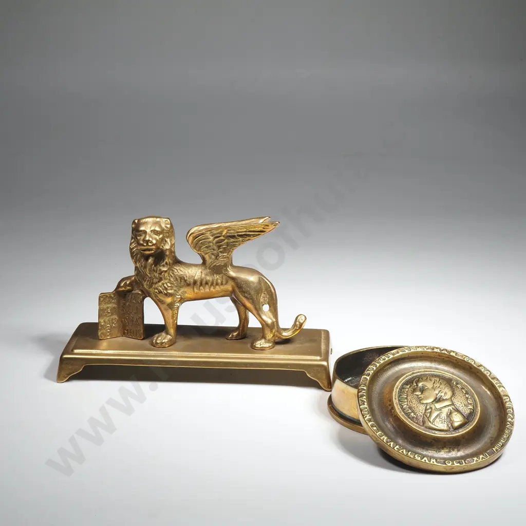Small Brass 'Lion of St Mark' Figure & Small Round Box Depicting Admiral Nelson Image 1++