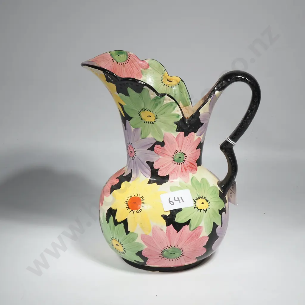 Vintage Art Deco Pitcher w All Over Floral Decoration & Black Handles Image 1++