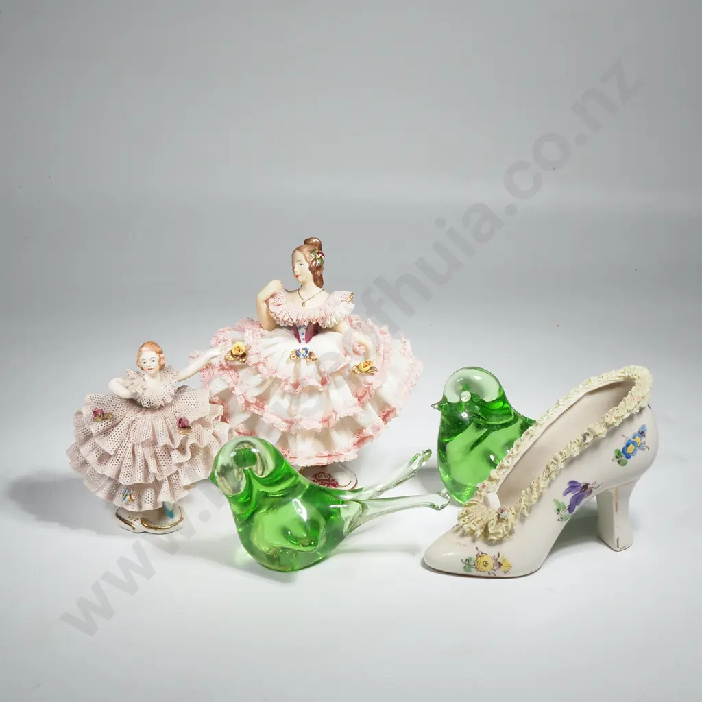 Vintage Dresden Porcelain  Crinoline lady & Shoe w Art Glass Birds Image 1++