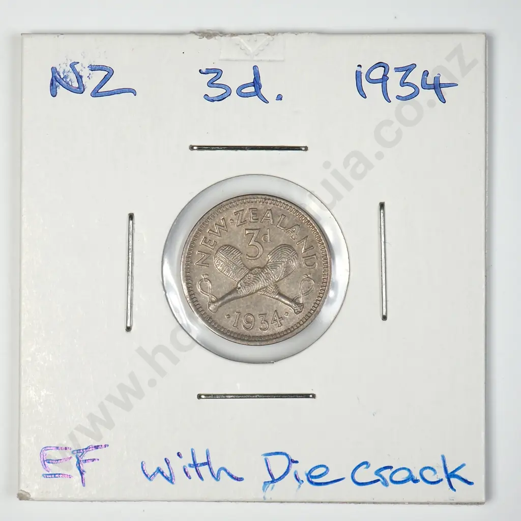 1934 New Zealand Threepence - Better Grade w Die Crack Image 1++