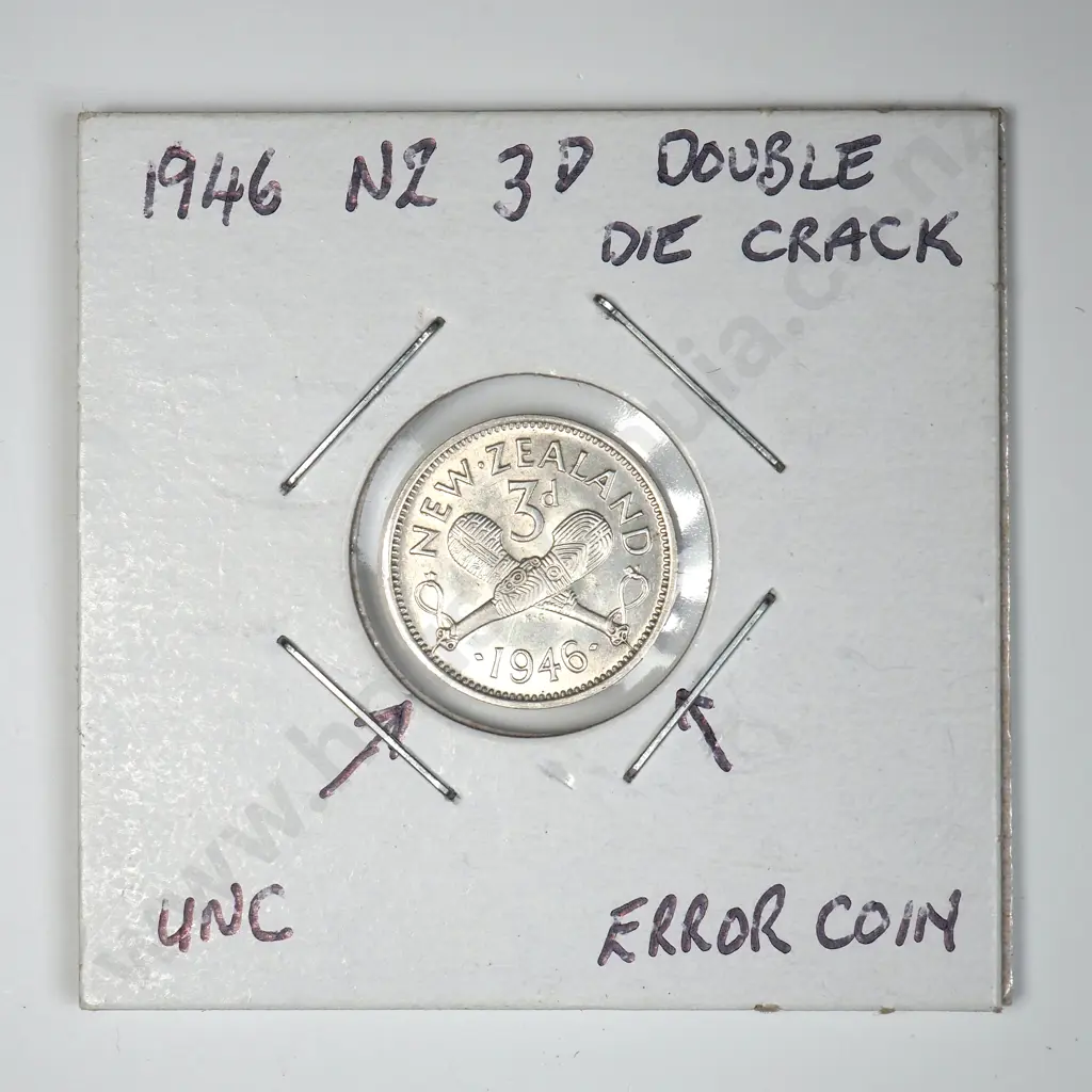 1946 New Zealand Threepence AUNC Double Die Crack - Error Coin Image 1++