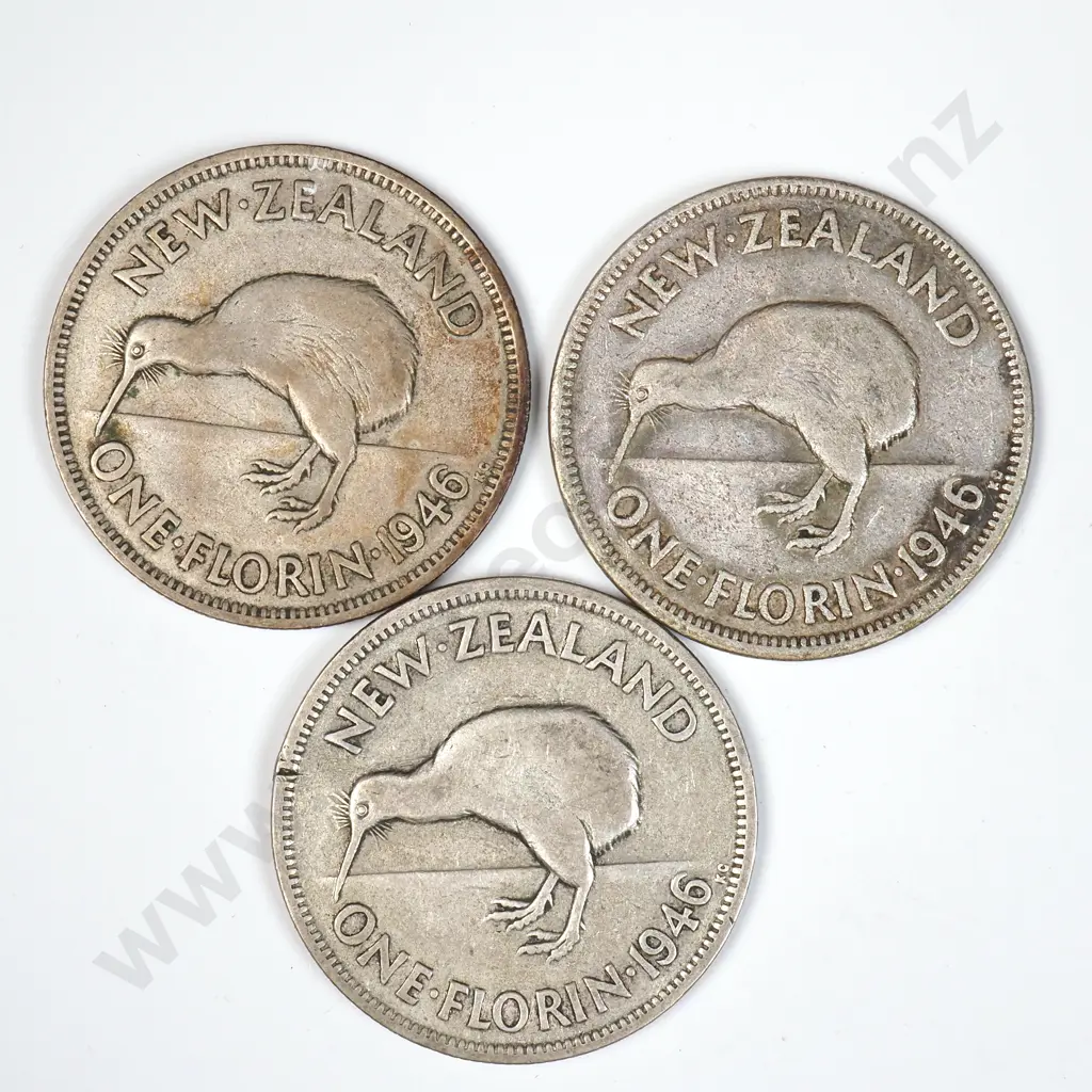 Three 1946 New Zealand "Flatback" Florins Image 1++