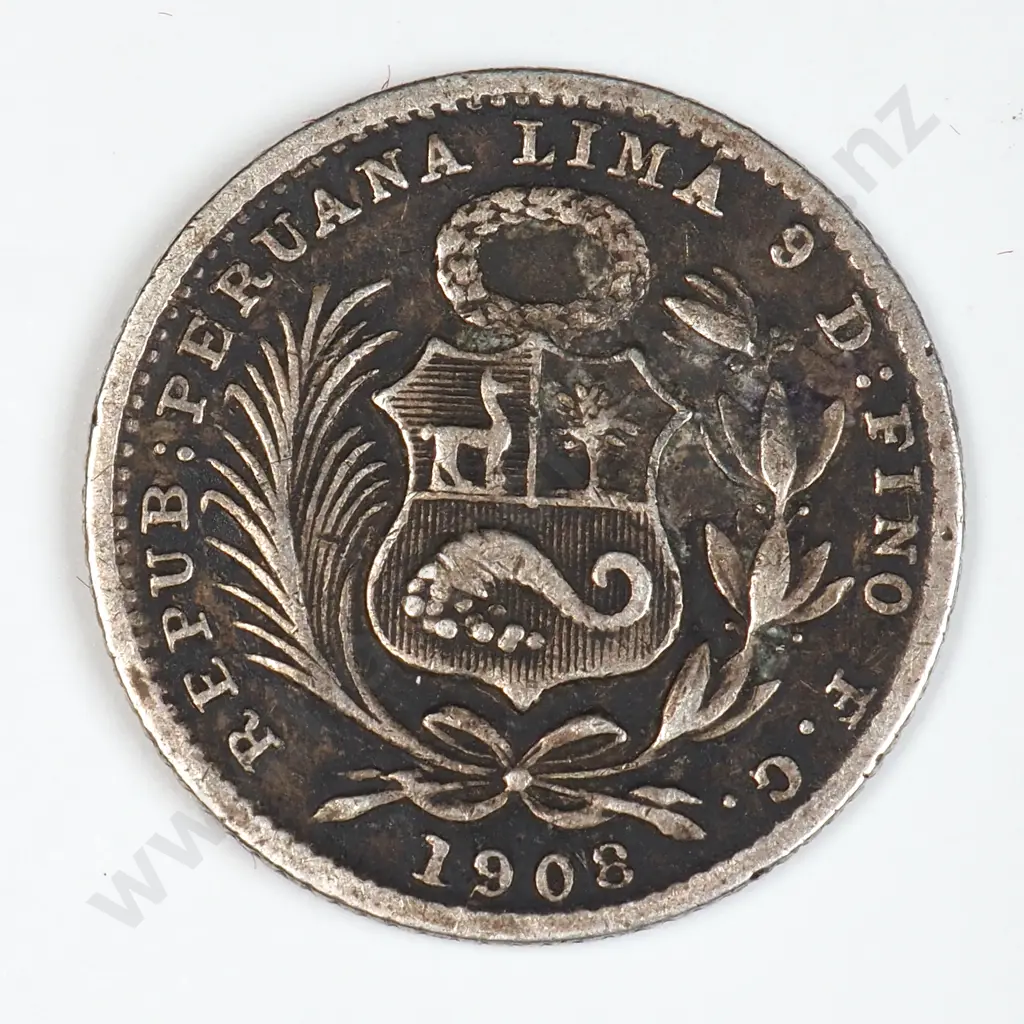 1908 Peru One Dinero Silver Coin Image 1++