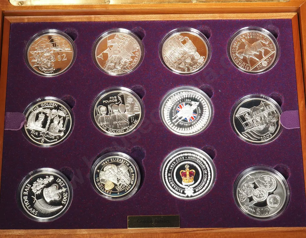Impressive 2003 Sterling Silver Queen Elizabeth II Golden Jubilee Collection in Cherry Wood Box - 637.69 ASW Silver Image 1++