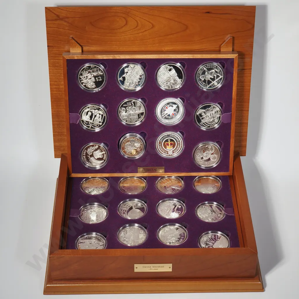Impressive 2003 Sterling Silver Queen Elizabeth II Golden Jubilee Collection in Cherry Wood Box - 637.69 ASW Silver Image 1++