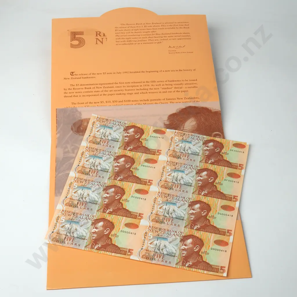 New Zealand Uncut Sheet of Eight Brash Type III Five Dollar Banknotes in Folder - CV $220 Image 1++