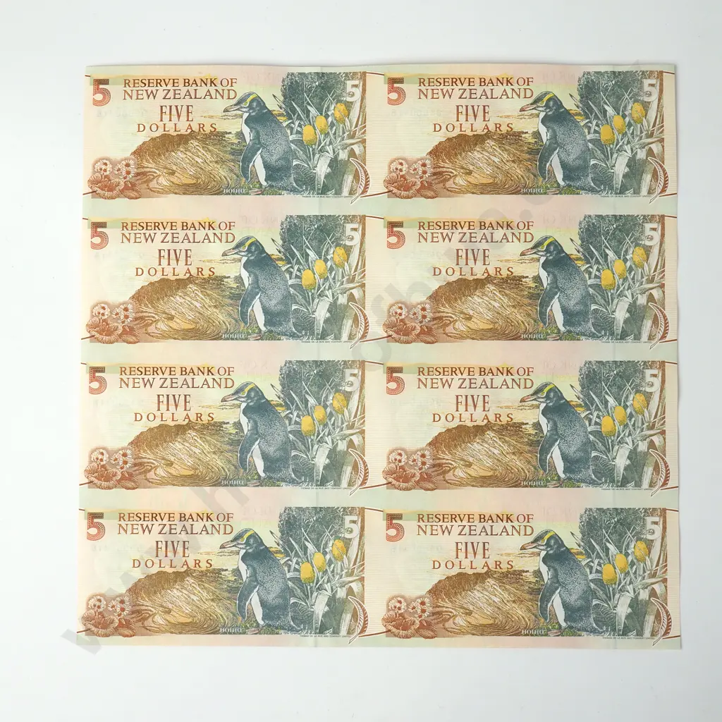 New Zealand Uncut Sheet of Eight Brash Type III Five Dollar Banknotes in Folder - CV $220 Image 1++