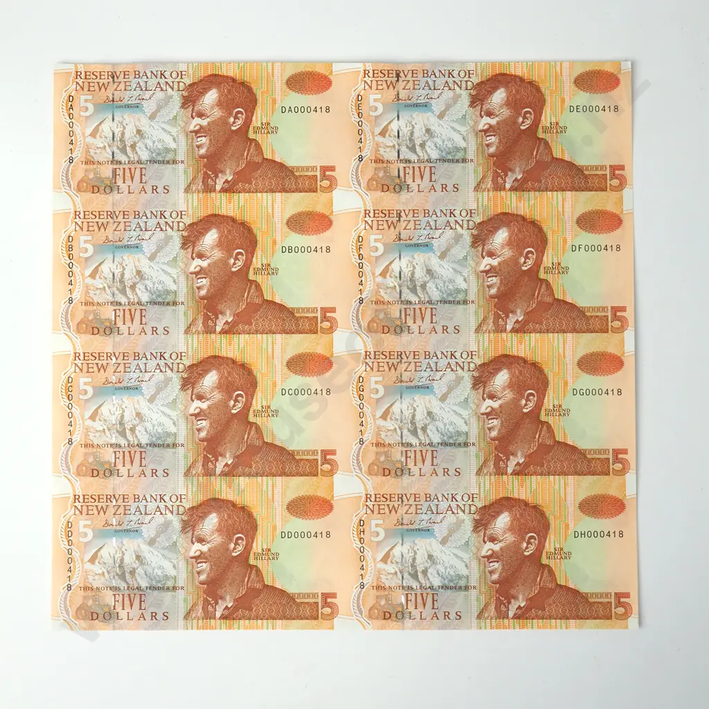New Zealand Uncut Sheet of Eight Brash Type III Five Dollar Banknotes in Folder - CV $220 Image 1++