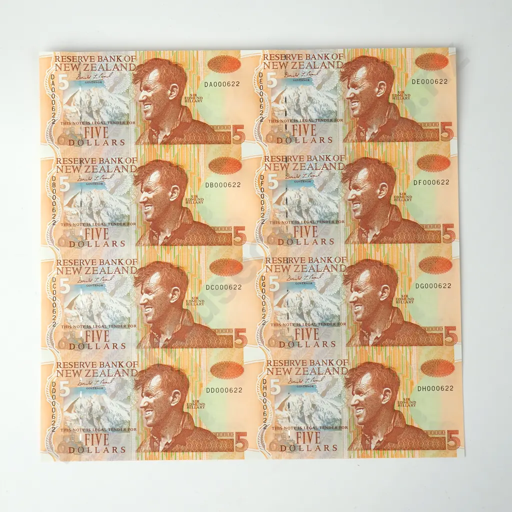 New Zealand Uncut Sheet of Eight Brash Type III Five Dollar Banknotes in Folder - CV $220 Image 1++