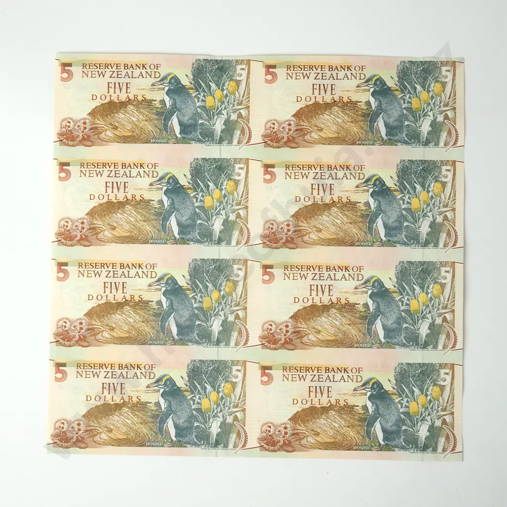 New Zealand Uncut Sheet of Eight Brash Type III Five Dollar Banknotes in Folder - CV $220 Image 1++