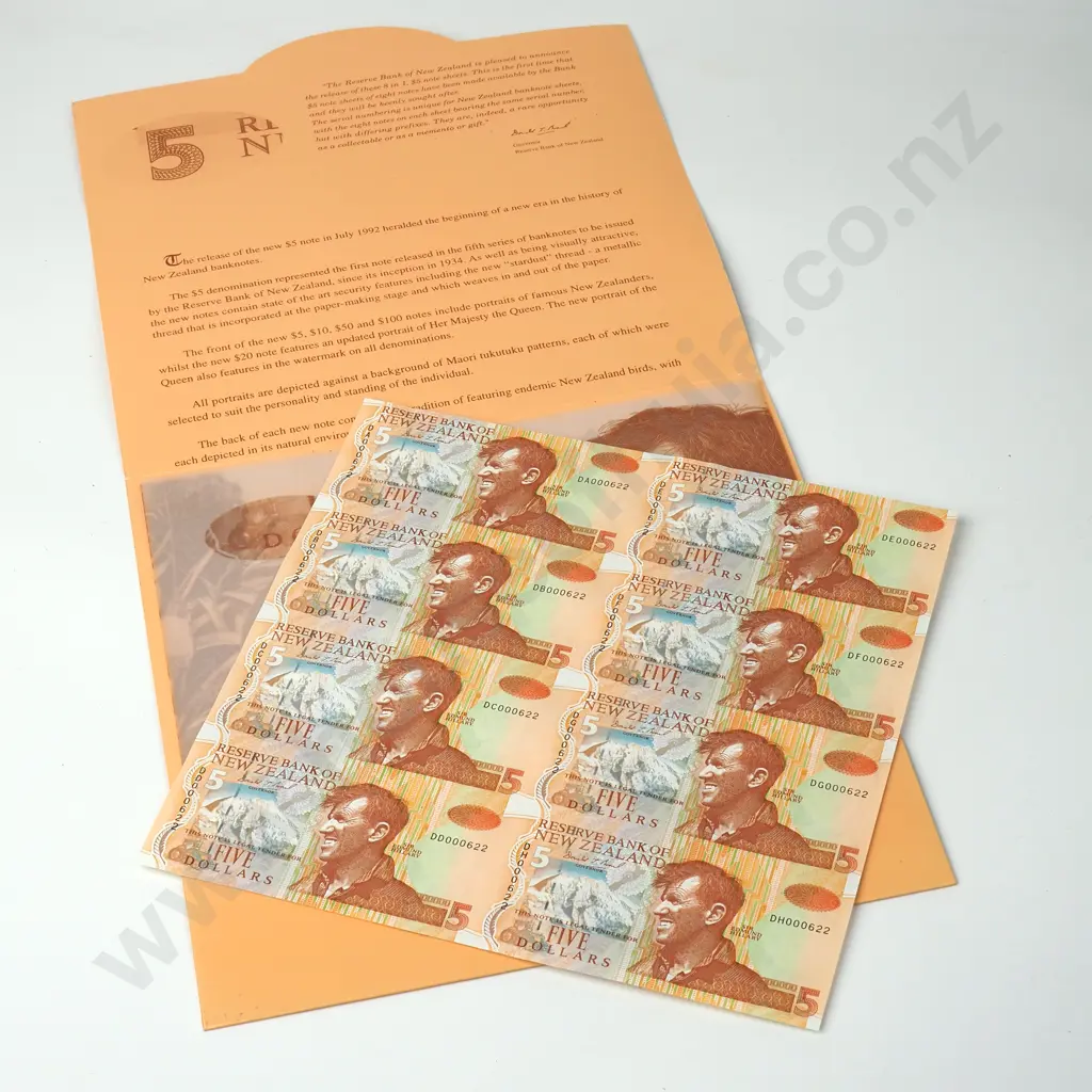 New Zealand Uncut Sheet of Eight Brash Type III Five Dollar Banknotes in Folder - CV $220 Image 1++