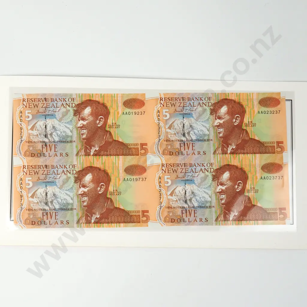 1992 New Zealand Presentation Pack of Uncut Sheet of Four Five Dollar Brash Banknotes  Image 1++