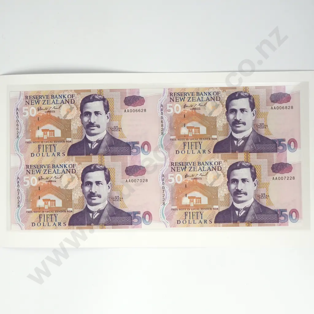 Uncut Sheet of Four New Zealand Fifty Dollar Banknotes Image 1++