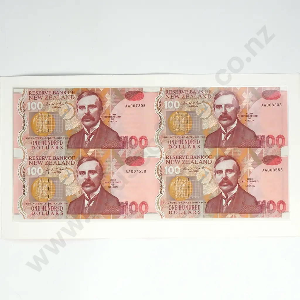 1992 New Zealand Presentation Pack of Uncut Sheet of Four 100 Dollar Brash Banknotes  Image 1++