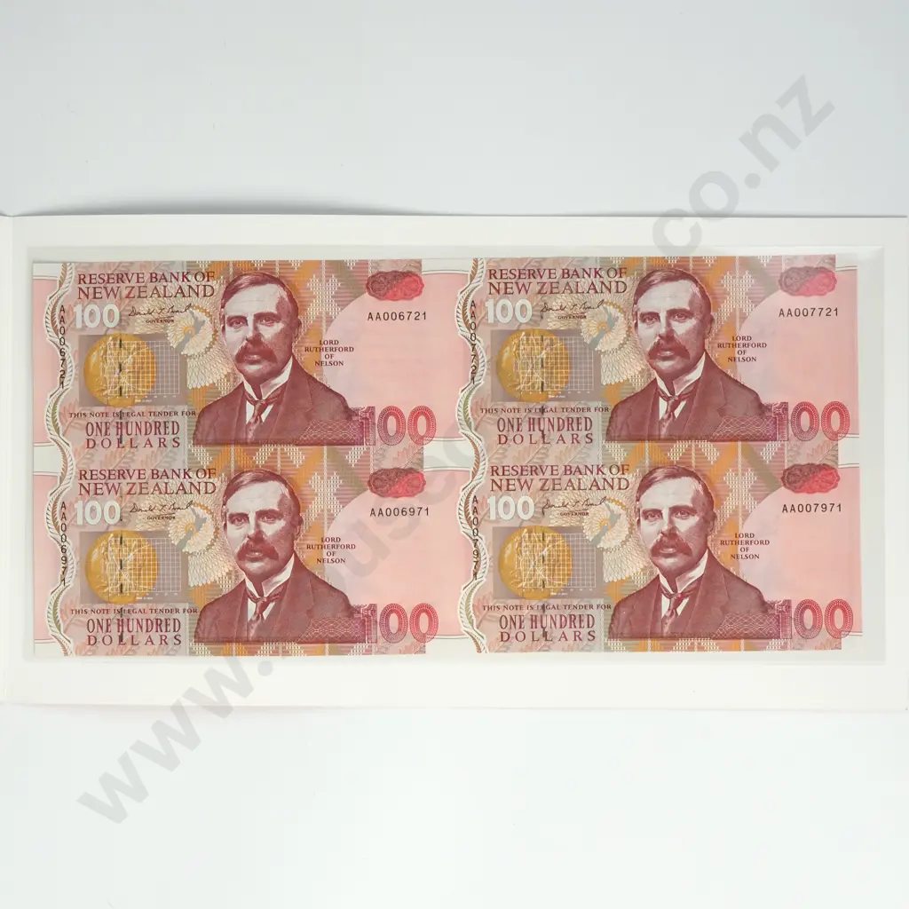 Uncut Sheet of Four New Zealand One Hundred Dollar Banknotes Image 1++