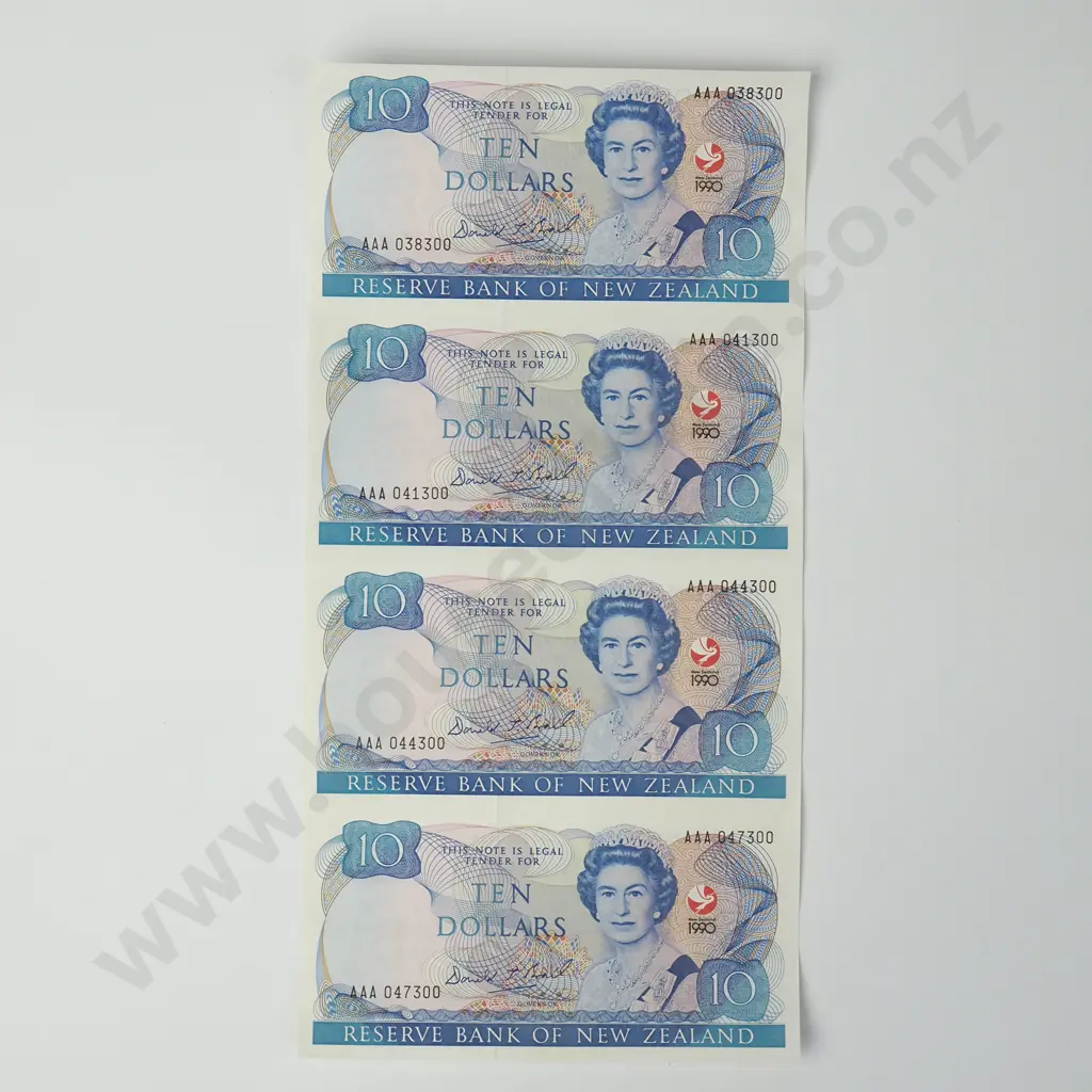 Uncut Sheet of Four 1990 New Zealand Brash Ten Dollar Notes  Image 1++