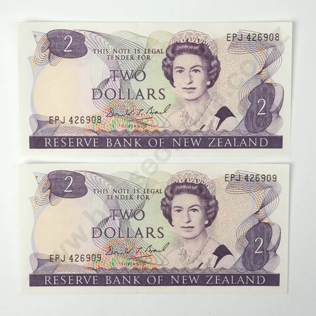 Consecutive Pair of New Zealand AUNC Brash Two Dollar Banknotes Image 1++
