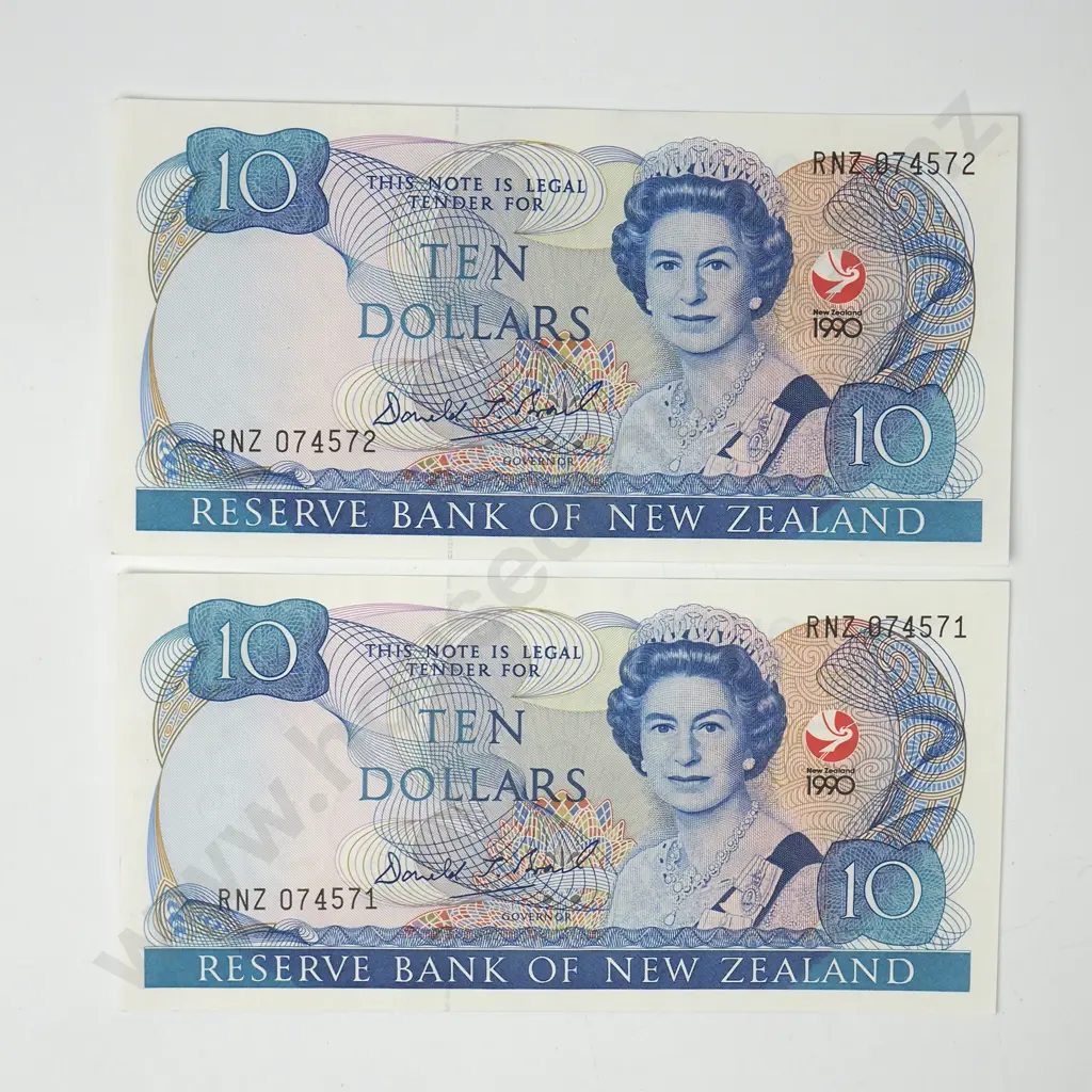Two Consecutive 1990 Brash Ten Dollar Banknotes Image 1++