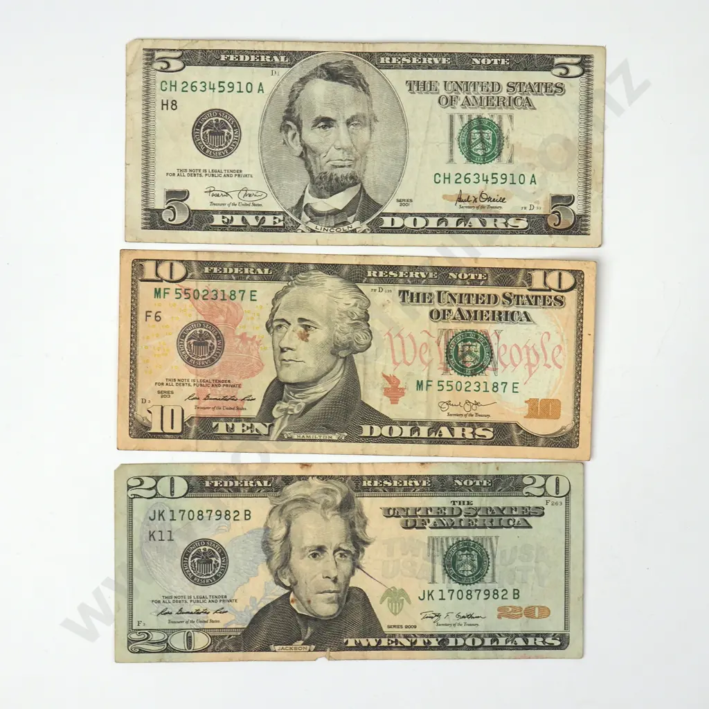 Three United States of America Banknotes $5/$10/$20 Image 1++