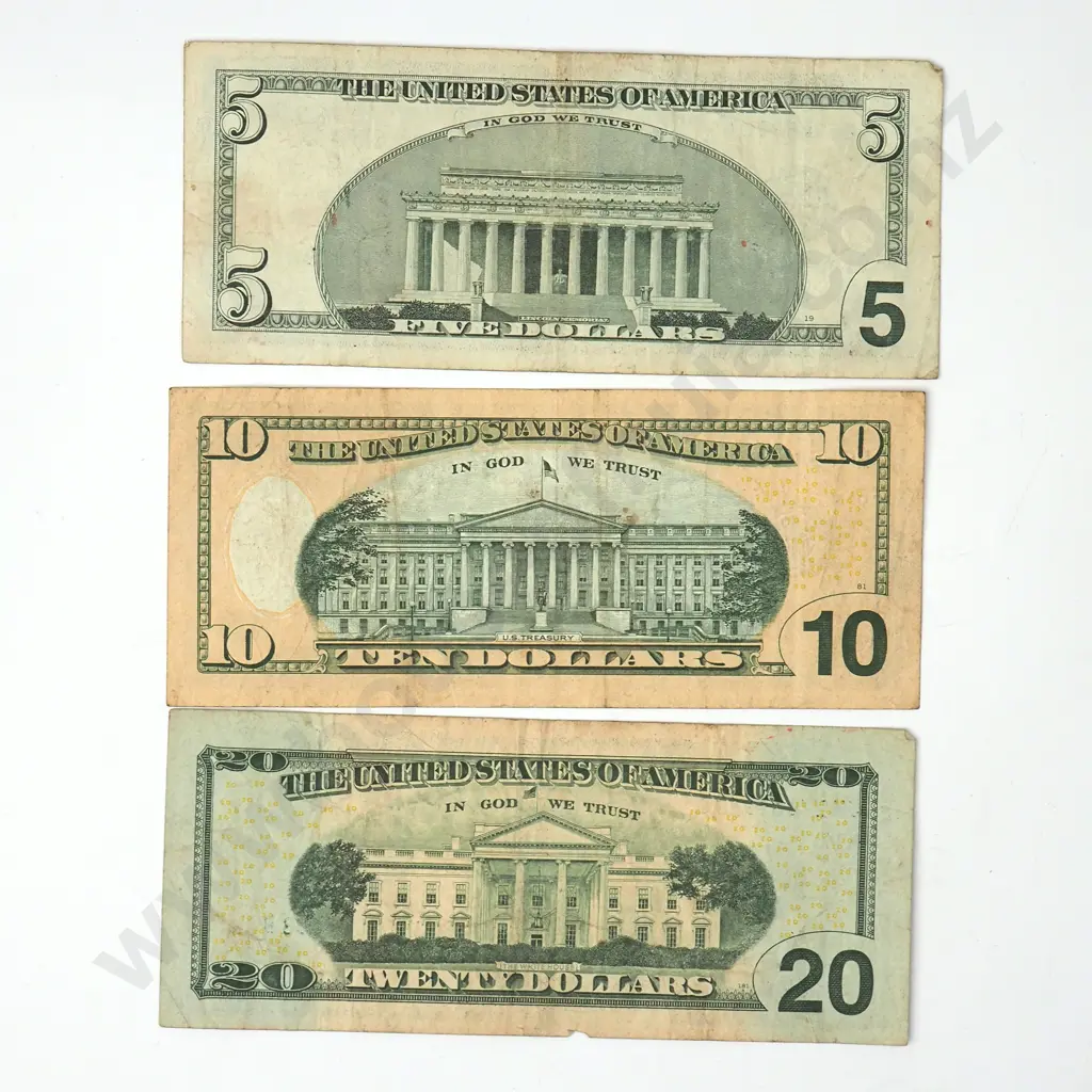 Three United States of America Banknotes $5/$10/$20 Image 1++