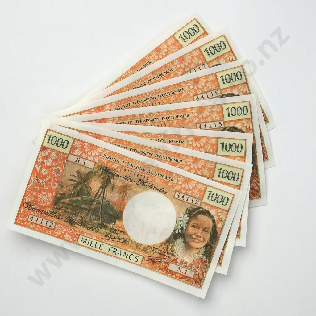 Seven New Hebrides 1000 Francs Uncirculated Banknotes: Total CV $1295 USD Image 1++
