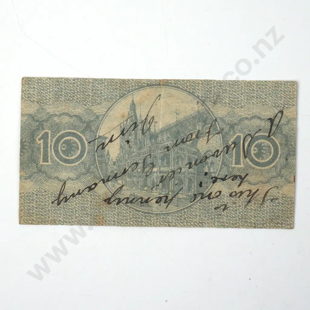 1918 German Ten Pfennig Banknote w Written Message on Reverse Image 1++