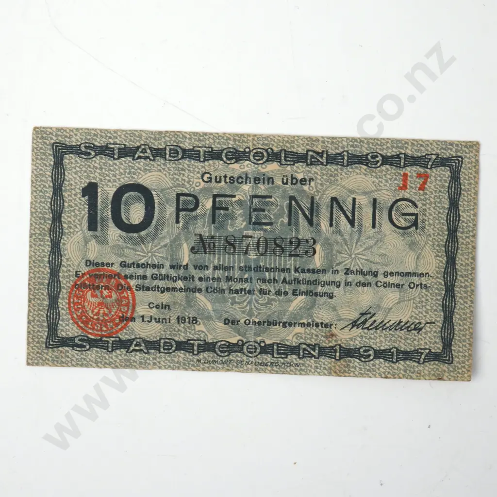 1918 German Ten Pfennig Banknote w Written Message on Reverse Image 1++