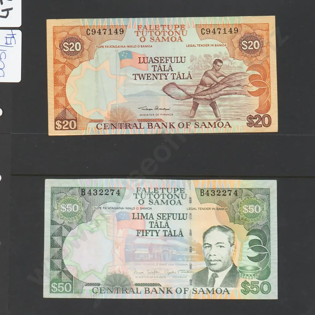 Banknote Album Sleeve w Two Samoa Banknotes - Better Grades Image 1++